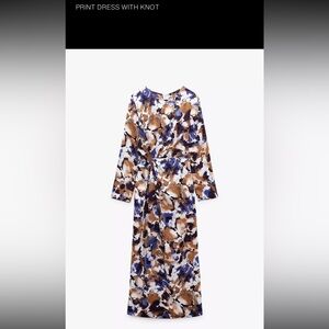 NEW Zara Print Long Sleeve Midi Dress With Knot